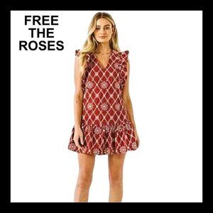 NWT FREE THE ROSES Dusty red ruffle sleeves eyelet boho festival dress